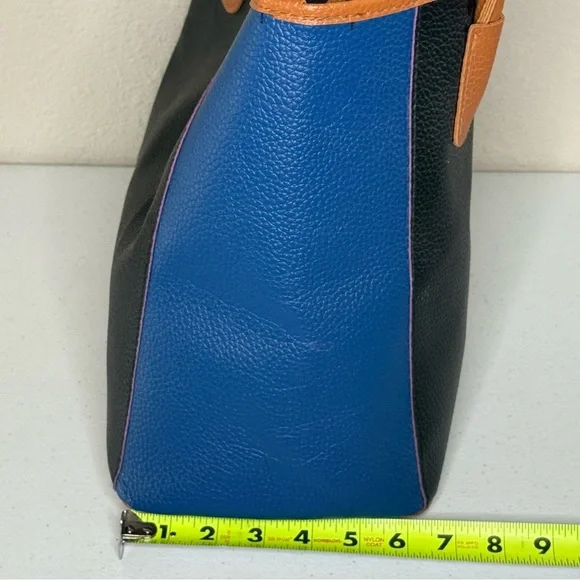 Neiman Marcus Tote Bag Tri-color Camel Brown, Black & Blue Vegan Pebble Leather - Picture 2 of 9